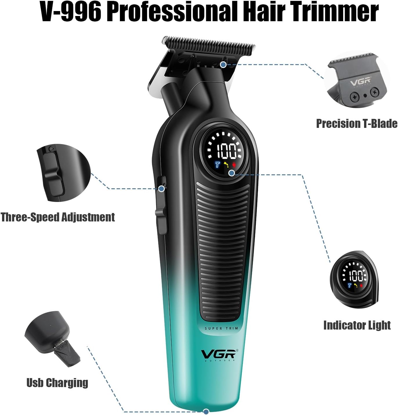 VGR 996 Cordless Hair Trimmer for Men with T-Blade