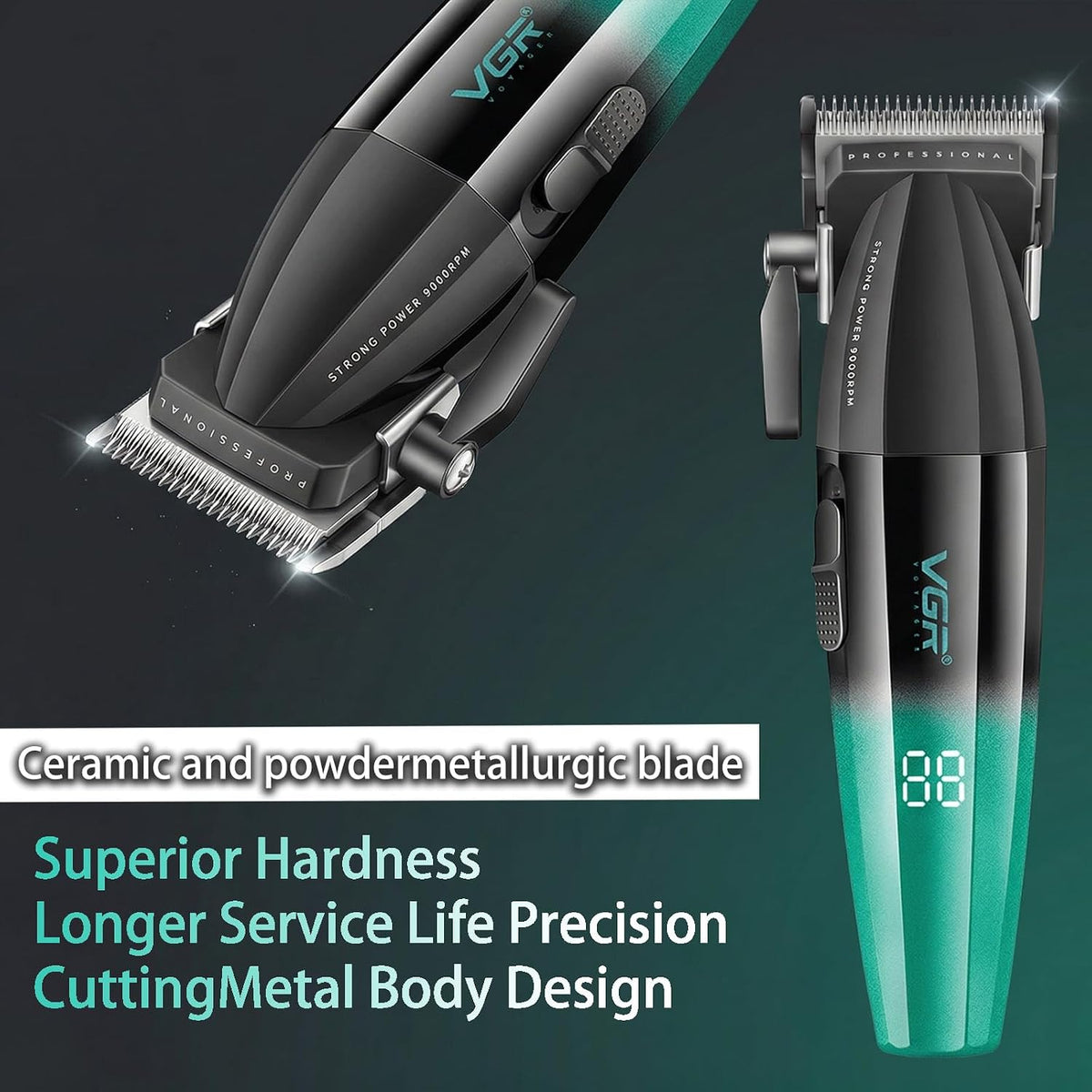 VGR 003 Professional Hair Clippers for Men with Clipper Trimmer Set, Green | 9000 RPM; 250min runtime; LED display; 6 comb; lubricating oil; blade...