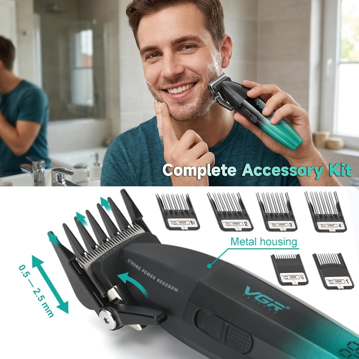 VGR 003 Professional Hair Clippers for Men with Clipper Trimmer Set, Green | 9000 RPM; 250min runtime; LED display; 6 comb; lubricating oil; blade...
