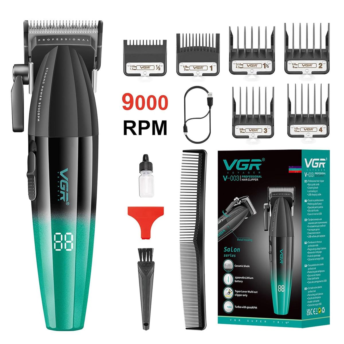 VGR 003 Professional Hair Clippers for Men with Clipper Trimmer Set, Green | 9000 RPM; 250min runtime; LED display; 6 comb; lubricating oil; blade...
