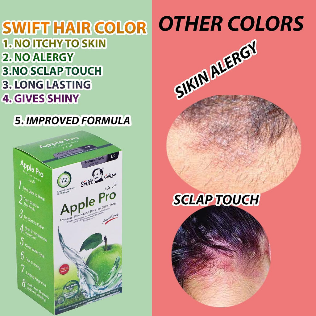 SWIFT Developed Apple 100% Gray Coverage Hair Dye, Natural Black Hair Color Cream 500ml (Apple Pro Natural Black)